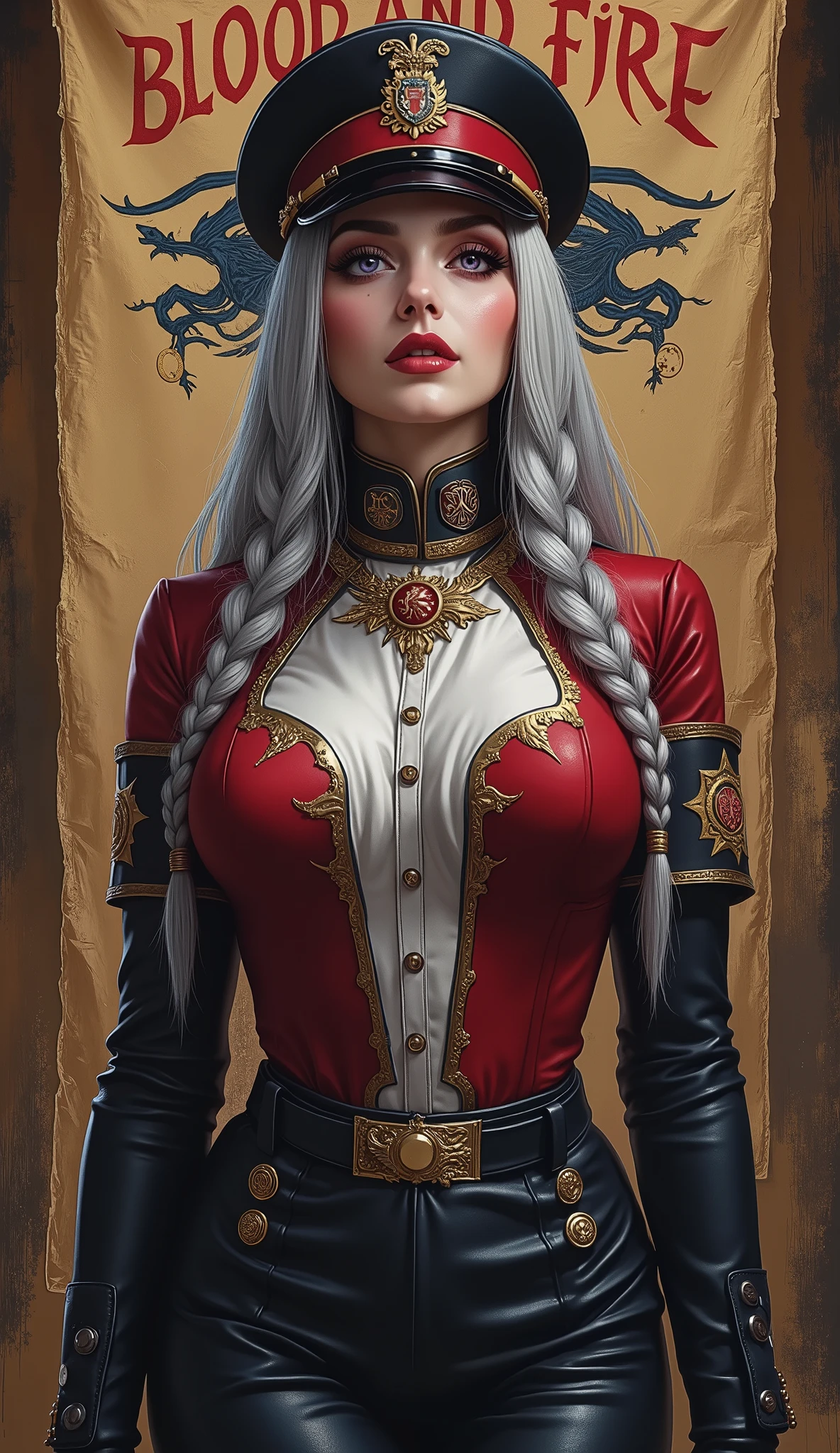 Detailed multi-colored proportions and textures with airbrushed brushstrokes presenting a semi-realistic illustration A beautiful and strong young woman wearing an military uniform style epic fantasy, gothic armor where grayish black tones predominate, mixed with vivid colors (full body, with a confident and bold posture, playful gaze, bright purple eyes, defined eyebrows, long eyelashes, perfect face, full lips, huge round breasts, flat stomach, wide hips, slim waist, thick thighs), Her long straight silver hair is tied in a (long) braid falling down her back. Her uniform consists of a red, gray and white shirt beautifully decorated with military orders, decorations and medals, a tight high-waisted knee-length pencil skirt and an officer's beret decorated with a military police badge.In the background, a cloth military banner with bold red letters reading "BLOOD AND FIRE" and an image, in the style of the Targaryen noble house emblems, of a three-headed dragon with its wings spread. The composition, halfway between vintage and Romanesque Gothic, of the overall image is a clean, crisp, and high-quality masterpiece. very balanced saturation across very defined color palettes (Color with intense monochromatic shaded tones and brightness, red hue 25% + yellow 25% + blue 25% + biofluorescent 12.5% + transparencies 12.5%. Aesthetic fusion by (Fibonacci ratio. A realistic doll of a young military woman. of a young military woman (Includes a variety of pink skin and dark beige tones that give it contrast and brightness) type of character. Fluid texture that gives the sensation of movement to the leafy style that molds to the figure (her clothing with relief and folds gives volume and depth to the character). Haute couture photoshoot (high quality full body). Highly detailed and sharp soft focus, approaching perfection, Full HD 8K. High and low angles. by Coco Chanel, Gianni Versace, Alberto Vargas, Greg Rutkowsk fusion of artistic styles.