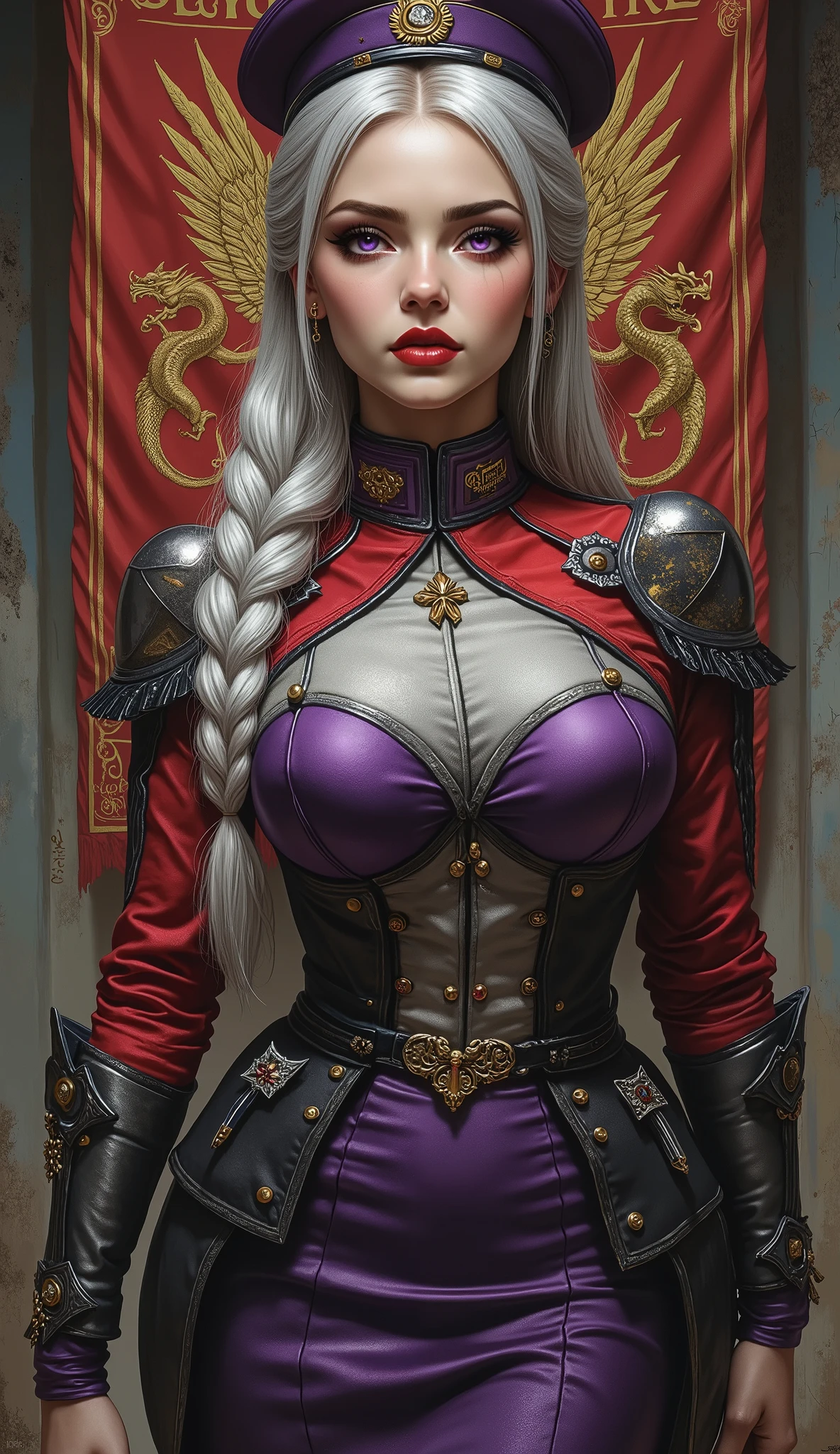 Detailed multi-colored proportions and textures with airbrushed brushstrokes presenting a semi-realistic illustration A beautiful and strong young woman wearing an military uniform style epic fantasy, gothic armor where grayish black tones predominate, mixed with vivid colors (full body, with a confident and bold posture, playful gaze, bright purple eyes, defined eyebrows, long eyelashes, perfect face, full lips, huge round breasts, flat stomach, wide hips, slim waist, thick thighs), Her long straight silver hair is tied in a (long) braid falling down her back. Her uniform consists of a red, gray and white shirt beautifully decorated with military orders, decorations and medals, a tight high-waisted knee-length pencil skirt and an officer's beret decorated with a military police badge.In the background, a cloth military banner with bold red letters reading "BLOOD AND FIRE" and an image, in the style of the Targaryen noble house emblems, of a three-headed dragon with its wings spread. The composition, halfway between vintage and Romanesque Gothic, of the overall image is a clean, crisp, and high-quality masterpiece. very balanced saturation across very defined color palettes (Color with intense monochromatic shaded tones and brightness, red hue 25% + yellow 25% + blue 25% + biofluorescent 12.5% ​​​​​​+ transparencies 12.5%. Aesthetic fusion by (Fibonacci ratio. A realistic doll of a young military woman. of a young military woman (Includes a variety of pink skin and dark beige tones that give it contrast and brightness) type of character. Fluid texture that gives the sensation of movement to the leafy style that molds to the figure (her clothing with relief and folds gives volume and depth to the character). Haute couture photoshoot (high quality full body). Highly detailed and sharp soft focus, approaching perfection, Full HD 8K. High and low angles. by Coco Chanel, Gianni Versace, Alberto Vargas, Greg Rutkowsk fusion of artistic styles.