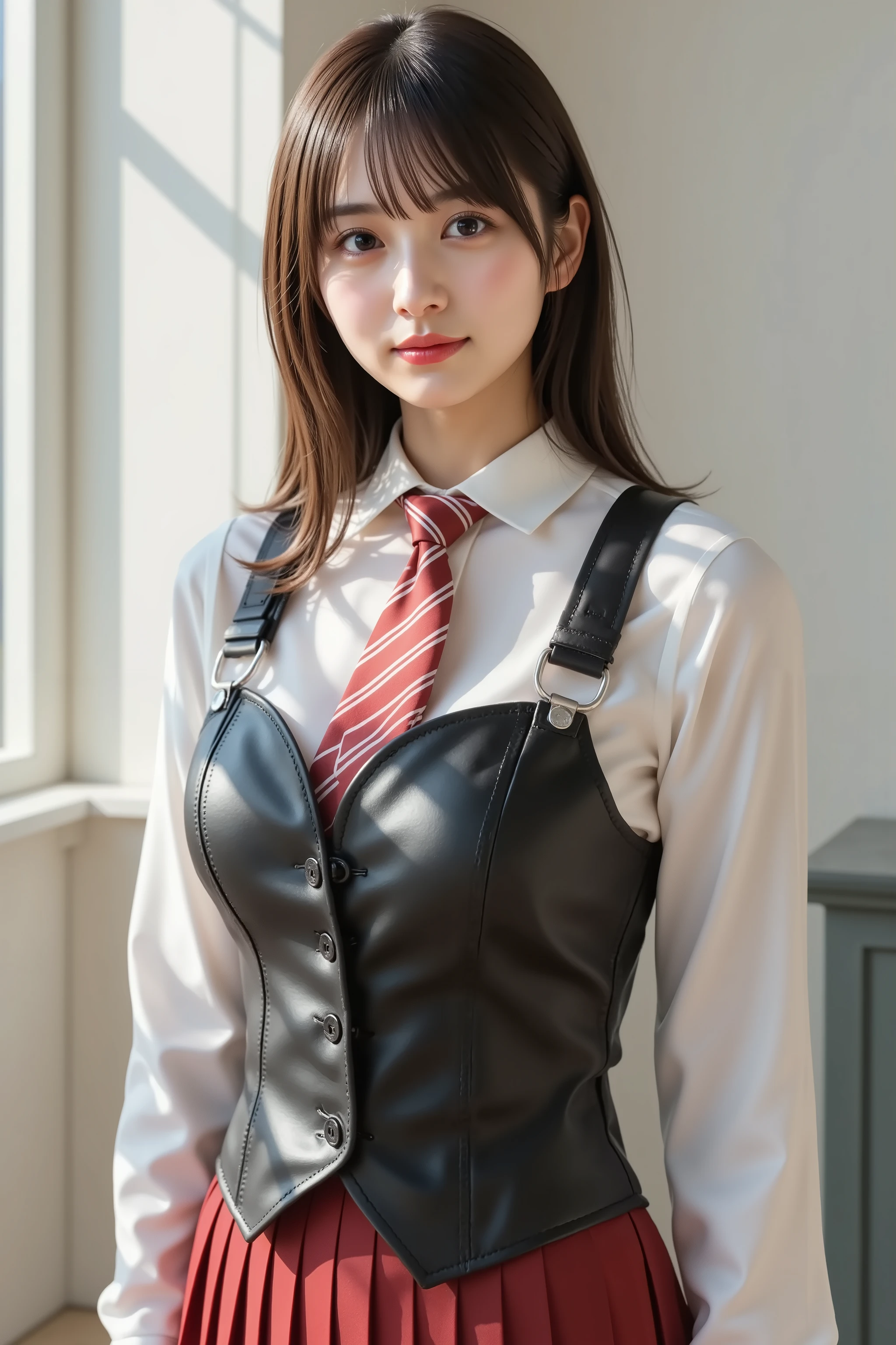 firm breast, by adjusting the framing so the subject's full head is visible within the composition, with the crop showing only from just above the bust to slightly above the top of the head. Ensure there is a comfortable amount of background space above the head to establish spatial context. a highly detailed and realistic digital illustration showing the upper body clothing and indoor background of a female character, by adjusting the framing so the subject's full head is visible within the composition, with the crop showing only from just above the bust to slightly above the top of the head. Ensure there is a comfortable amount of background space above the head to establish spatial context. She is wearing a white long-sleeve dress shirt, buttoned to the top with a pointed collar.
Over the shirt, a black fitted vest with white trim is worn. The vest is contoured to her body, showing defined seams and a structured silhouette. Shoulder straps extend from the vest, giving it a subtle tactical look. The vest reflects ambient light. A red necktie with diagonal white stripes hangs in the center, tightly knotted and tucked under the vest.
The top portion of a deep red pleated skirt is visible. The pleats are soft and show slight movement. Her arms are relaxed, one hand slightly raised, the other resting naturally. She is posed against a bright interior background.
The room features white walls with faint marks. A tall window to the left lets in daylight that casts gentle shadows on her clothing and surroundings. The window frame is white, matching the decorative wall trim. Below the window is a muted grey-blue panel that wraps the lower wall. To the right, a section of a wooden desk or counter with vertical groove detailing is visible, its light tone contrasting with the cooler wall.
The lighting is soft and even, highlighting the textures of fabric and surfaces. The scene feels calm and structured, with contrast between the crisp uniform and the gently lit room. Arc