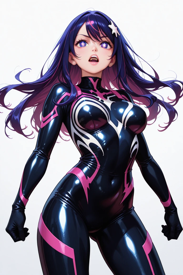(Masterpiece), Best Quality, ultra-detailed, 1girl (jessie pokemon, Big and pretty breasts, ????? body, hair slicked back, purple hair, long hair,blue eyes, half-closed eyes, black eye mask),evil face, smirk, parted lips, head tilt, mascara, full makeup, black eyeshadow, red lipstick, solo,black tight bodysuit, zipper, in the cellar, dark, dark light, standing, Sexy waist teasing, holding knife,from_below
