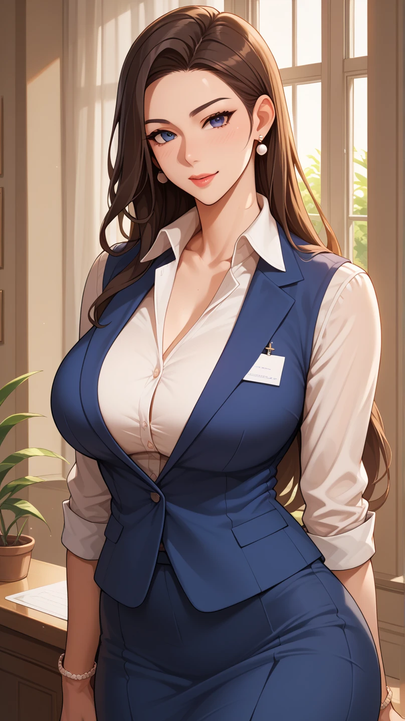 Kriti sanon wearing a beautiful ,photorealistic, best quality, masterpiece, realistic, highres, absurdres, kr1t1 , ((vector)),Beautiful symmetric detailed eyes. Big breast, fit body., necklace , makeup, red lipstick , stockings, pencil skirt,white shirt, blazer , cleavage