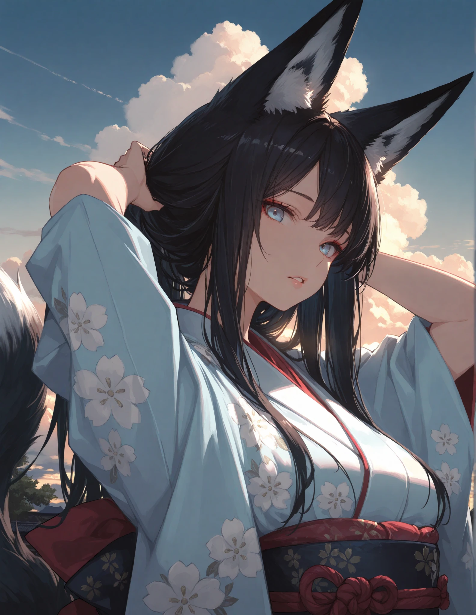 (Fox Girl, Fox Ears, Black colored hair, Fox Makeup, One Girl, Long Hair:1.6), (kimono, Kimono with open chest, A beautiful kimono with red and black patterns, I can see her cleavage, Open chest, Exposed skin:1.8), (Body size is 100-70-90!, Nice body, Big Breasts, Soft breasts, Emphasize cleavage, Knees are slightly visible, Muscular, Abdominal muscles, Grab your own chest:1.9), Avatar, face, lewd face, Dominant representation, naughty face, Uplifting, Skin Texture, outside, Grassy field
