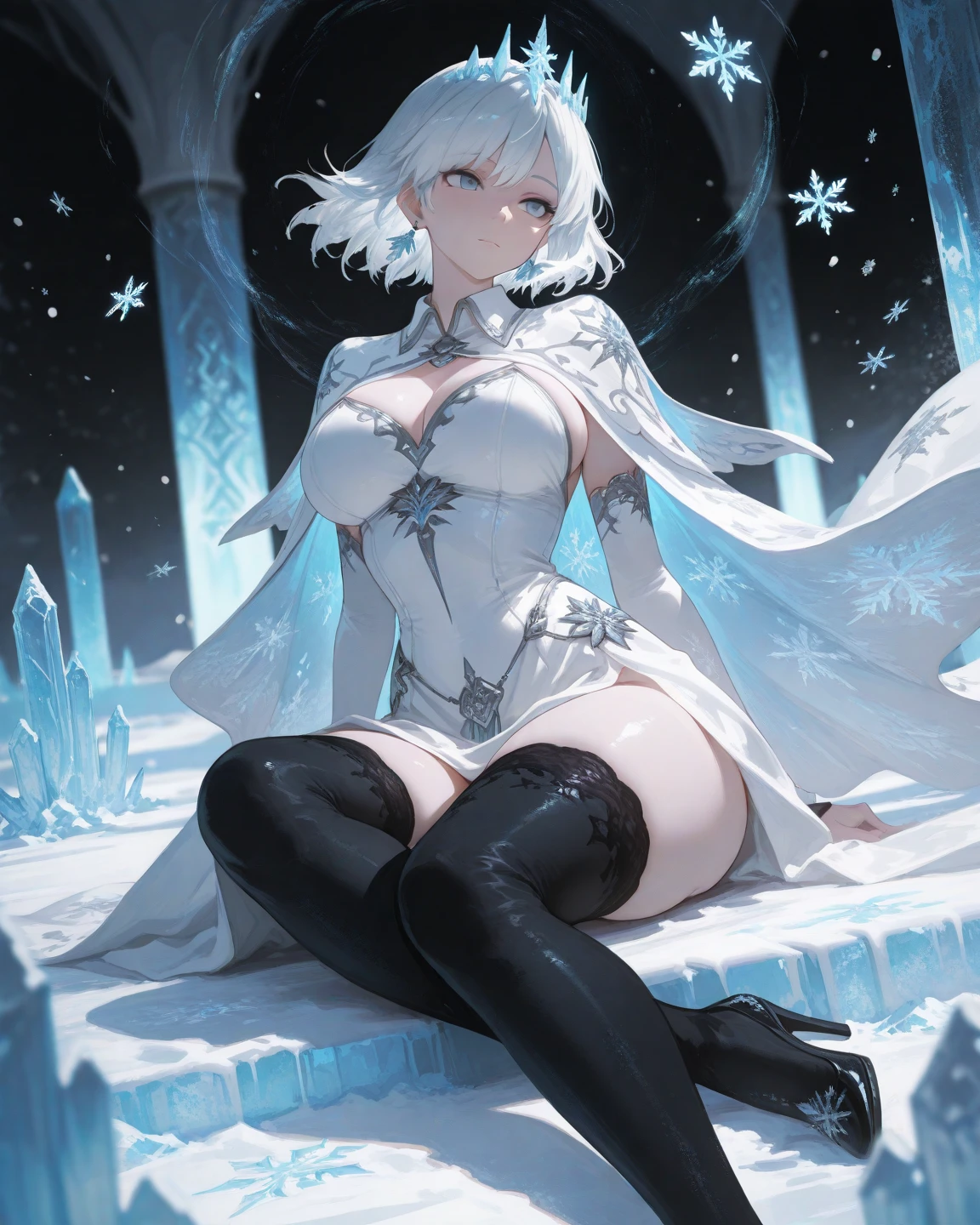 female, solo, young, sexy body, voluptuous figure, tightsuit, white hair, decolored blonde hair, ice effects around, ice queen, beautifull face, long hair, defined body, yellow and bright eyes, thick legs, strong legs, tall, Voluptuous legs, huge ass, big hip, big ass, female sorcerer, blue and black robes,