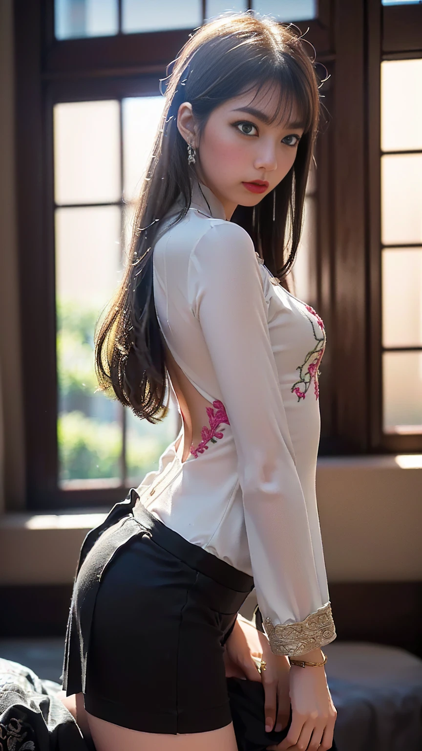 A beautiful Japanese woman, seated at her desk in the office, dons a white blouse that clings tightly to her voluptuous figure, drawing attention to her enviable curves. With a playful expression, she provocatively archs her back, showcasing the enticing outline of her panties. The light gleans off her smooth skin, highlighting her every curve and texture in the high-resolution image.With a captivating allure, her delicate features are accentuated by her deeply detailed eyes, their every line and hue meticulously captured. The flawless skin texture on her face is a testament to her youth and radiance. The blouse, clinging to her shapely figure