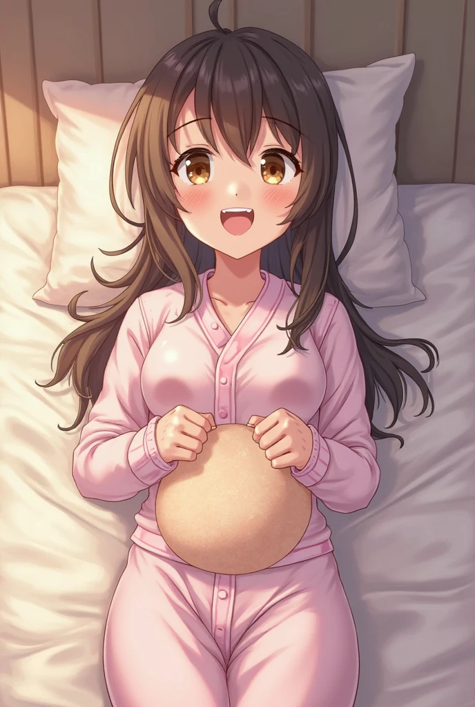 ANime girl pregnant casual shirt long black hair big belly bedroom background