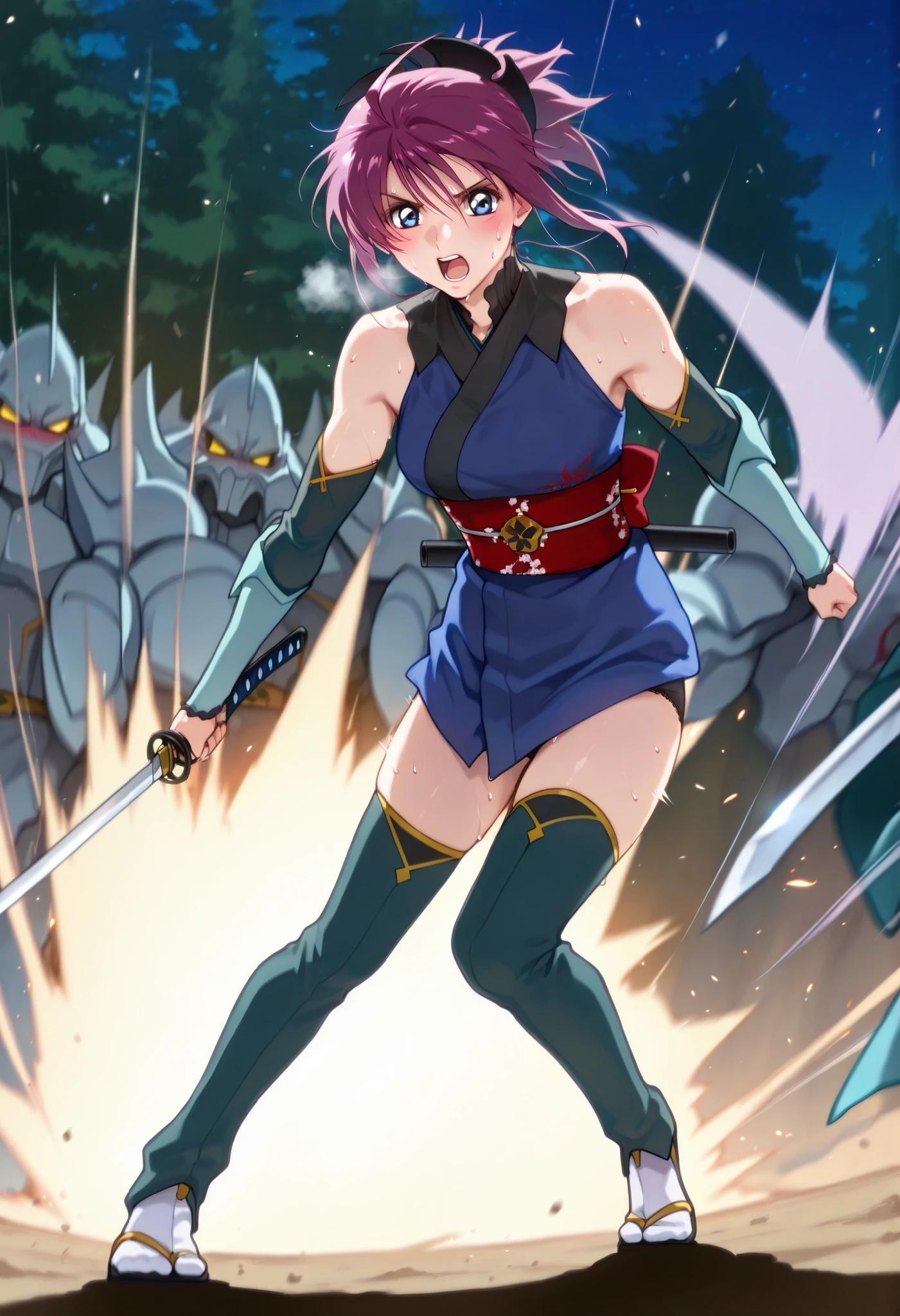 score_9, score_8_up, score_7_up, source_anime,BLE, BREAK,masterpiece, best quality, absurdres, safe 1girl, outdoors, forest, nature,,,1girl,(solo),(((lunamaria:1.1))),1girl,,(((LunamariaHawke:1.1))),(((purple hair:1.2))),((ahoge:1.2)),(((short hair:1.2))),blue eyes,,hair ornament,(ponytail),(miyamoto musashi) ,(((bare shoulders, blue kimono, detached sleeves, elbow sleeve, japanese clothes, kimono, obi, sash, sleeveless, sleeveless kimono))),sword, holding sword,,black frill trimmed bra under the kimono,black panties under the kimono, NSFW,,breathing,full body,(Watery eye),{Wet body},(Close-up of a girl:0.7),The speed effect of moving lines adds an anime touch to the action.Injecting energy unique to anime, (((add energy to the scene. Motion Effect))), (Like a subtle blur),,night, backlighting, bokeh,full body,,((nape of neck)), ,((Pained expression)),(((Sweat:1.4))),(((regrettable))),((stressed)),,,outdoor ,sand land:1.2,,open mouth,(((motion lines:14, speed line:1.4,motion blur:1.4))),,(((many goblins monsters come))),(((many goblins attacking girl))),((attack guarding:1.4)),((wind blow:1.4)),,(((Enduring))),,(((sword slahing monsters))),((((lying on back))),,(((goblin jumpping))),,(((no one except for 1girl:1.4))),looking at monster,,(grimace),blush,(((upset:1.2))),((Pained expression:1.2)),(((Sweat:1.4))),((stressed)),(((panic:1.2))),nsfw,,purple hair,(((blue kimono))),from front girl,from front,((scared)),((LunamariaHawke)),blue kimono, (((blue blue kimono))),fighting style, attack pose,