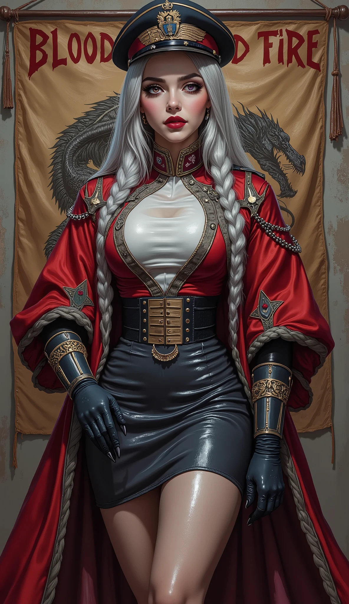 Detailed multi-colored proportions and textures with airbrushed brushstrokes presenting a semi-realistic illustration A beautiful and strong young woman wearing an military uniform style epic fantasy, gothic armor where grayish black tones predominate, mixed with vivid colors (full body, with a confident and bold posture, playful gaze, bright golden purple eyes, defined eyebrows, long eyelashes, perfect face, full lips, huge round breasts, flat stomach, wide hips, slim waist, thick thighs), Her long straight silver hair is tied in a (long) braid falling down her back. Her uniform consists of a red, gray and white shirt beautifully decorated with military orders, decorations and medals, a tight high-waisted knee-length pencil skirt and an officer's beret decorated with a military police badge.In the background, a cloth military banner with bold red letters reading "BLOOD AND FIRE" and an image, in the style of the Targaryen noble house emblems, of a three-headed dragon with its wings spread. The composition, halfway between vintage and Romanesque Gothic, of the overall image is a clean, crisp, and high-quality masterpiece. very balanced saturation across very defined color palettes (Color with intense monochromatic shaded tones and brightness, red hue 25% + yellow 25% + blue 25% + biofluorescent 12.5% + transparencies 12.5%. Aesthetic fusion by (Fibonacci ratio. A realistic doll of a young military woman. of a young military woman (Includes a variety of pink skin and dark beige tones that give it contrast and brightness) type of character. Fluid texture that gives the sensation of movement to the leafy style that molds to the figure (her clothing with relief and folds gives volume and depth to the character). Haute couture photoshoot (high quality full body). Highly detailed and sharp soft focus, approaching perfection, Full HD 8K. High and low angles. by Coco Chanel, Gianni Versace, Alberto Vargas, Greg Rutkowsk fusion of artistic styles.