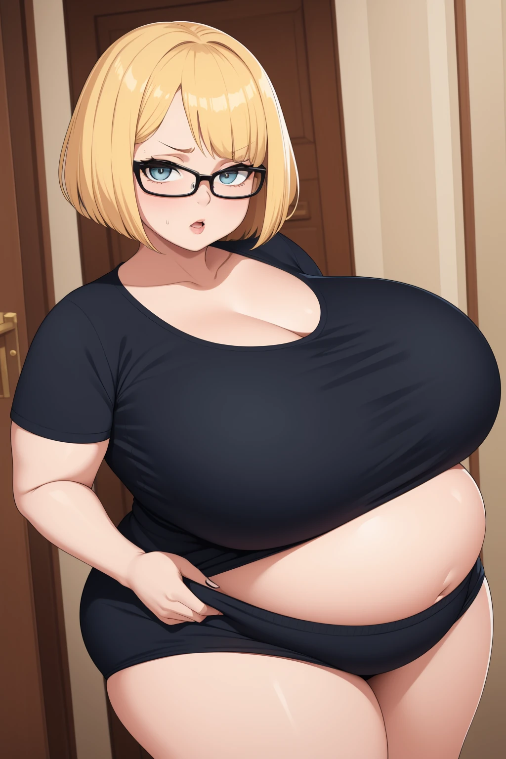 tmasterpiece, best qualtiy, A MILF,Beautiful and delicate love eyes, Extremely detailed face,Heavy makeup,short yellow hair,Glasses, Open shirt, Black bra, cleavage, Large of breast,big assa, pencil skirts, Pantyhose, High heels, view the viewer, arms behind head,Temptation in the eyes,ssmile,opening legs,squating, lounge room