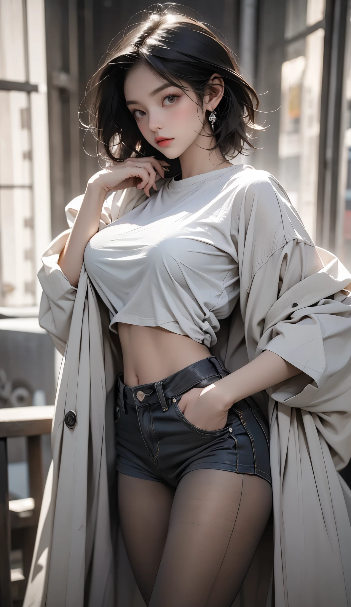 ((best quality, 8 thousand, masterpiece: 1.3)), (1 woman), ((very small face:1.3)), (glowing skin:1.4), (huge cleavage tits:1.4), very detailed face, detailed eyes, double eyelid, thin waist, thick ass, (Layered short hair:1.4), (princess coat:1.4), (wide legged pants:1.4), (Night Street:1.5),