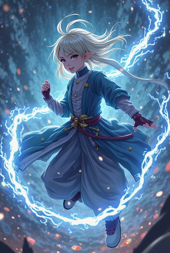 Create a young girl with short white hair, white breast to waist clothing, dark blue silk pants, slightly pointy ears, blue eyes with electricity, and white cape and releasing blue lightning from his hands