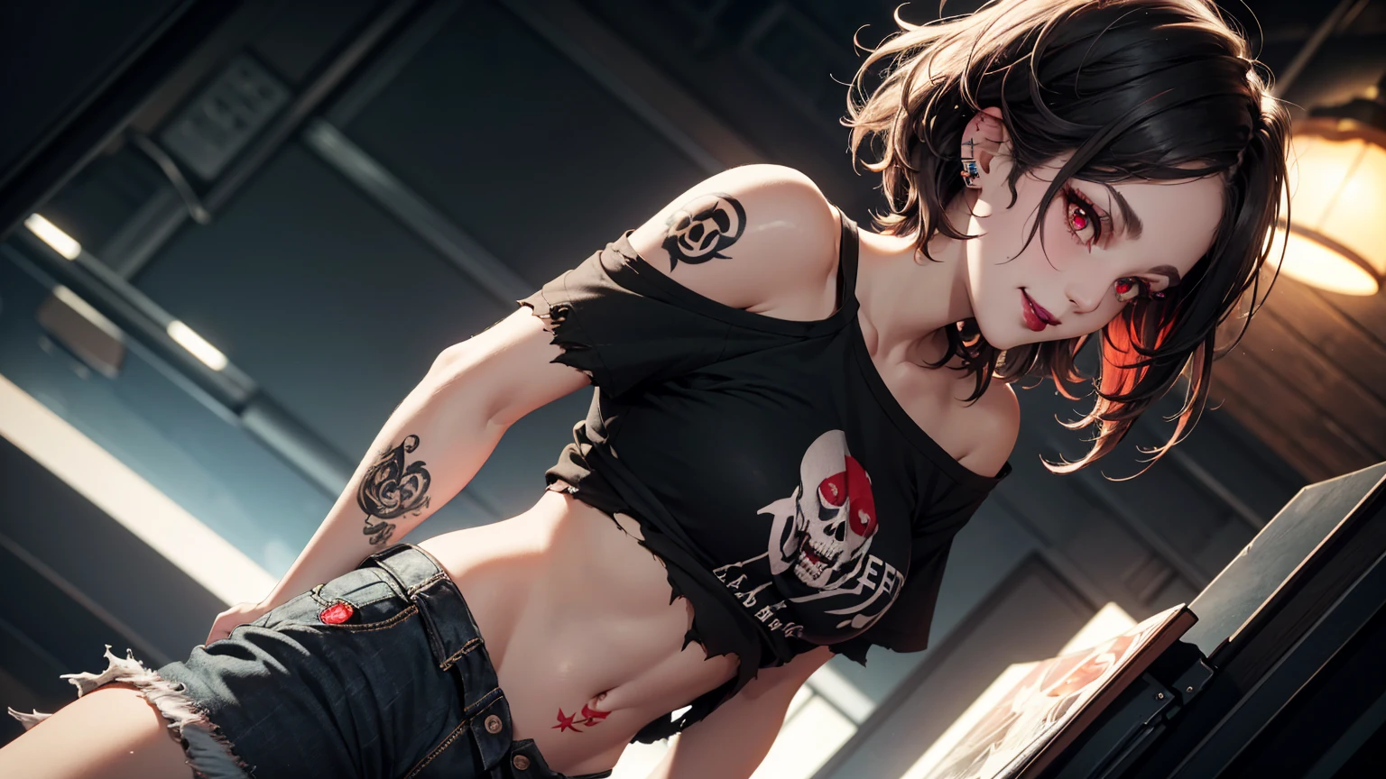 ,highest quality, High resolution,(Background made of chains and ruins),Cute Zombie Girl、splattered blood、amusement park、Small eyes、（Flat Chest）, Odd colored hair, Realistic, masterpiece, Very detailed, Realistic, beautiful、There are many chains wrapped around the body、((Body full of seams)),((patchwork body))、Bloody tank top、Tattered denim pants
