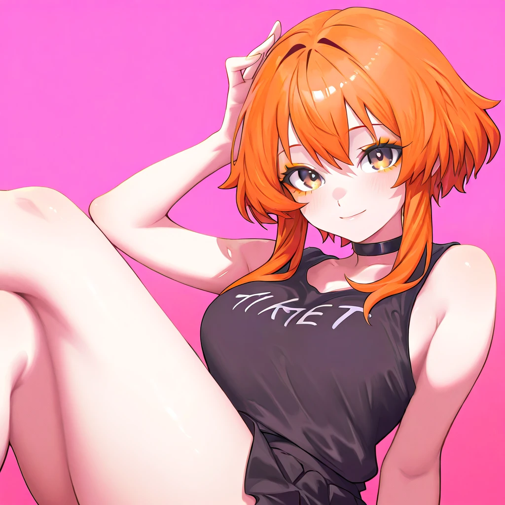 woman orange hair big breasts t-shirt nipples thick legs izakaya sitting on chair smiling face red fun nympho spreading legs to show genitals two men's penises blowjob cum in beer mug BUKKAKE