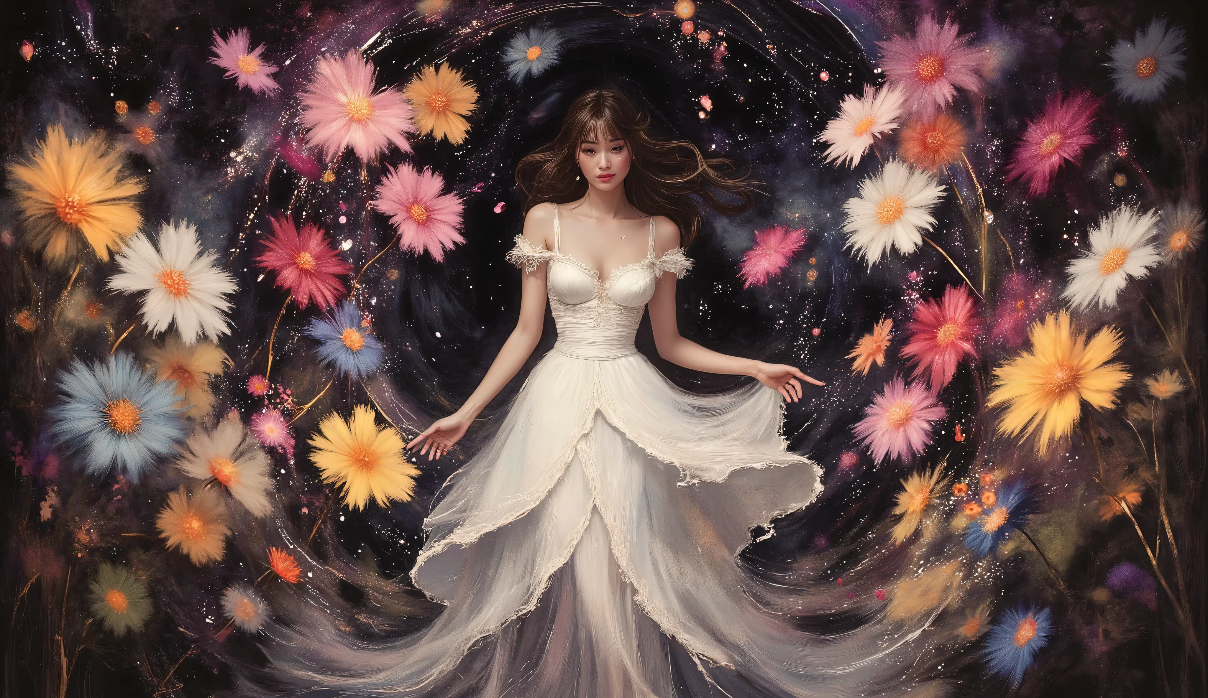 Create a surreal scene of a woman in a flowing white dress standing amidst a field of vibrant giant dandeliuns under a twilight sky. The dandeliuns should appear to be growing out of the dress, with their petals swirling around her. The background should feature a blend of deep blacks and purples, creating a dreamlike atmosphere. The style should be reminiscent of intricate oil paintings, with a touch of modern digital art, inspired by the works of Gustav Klimt and Alphonse Mucha.