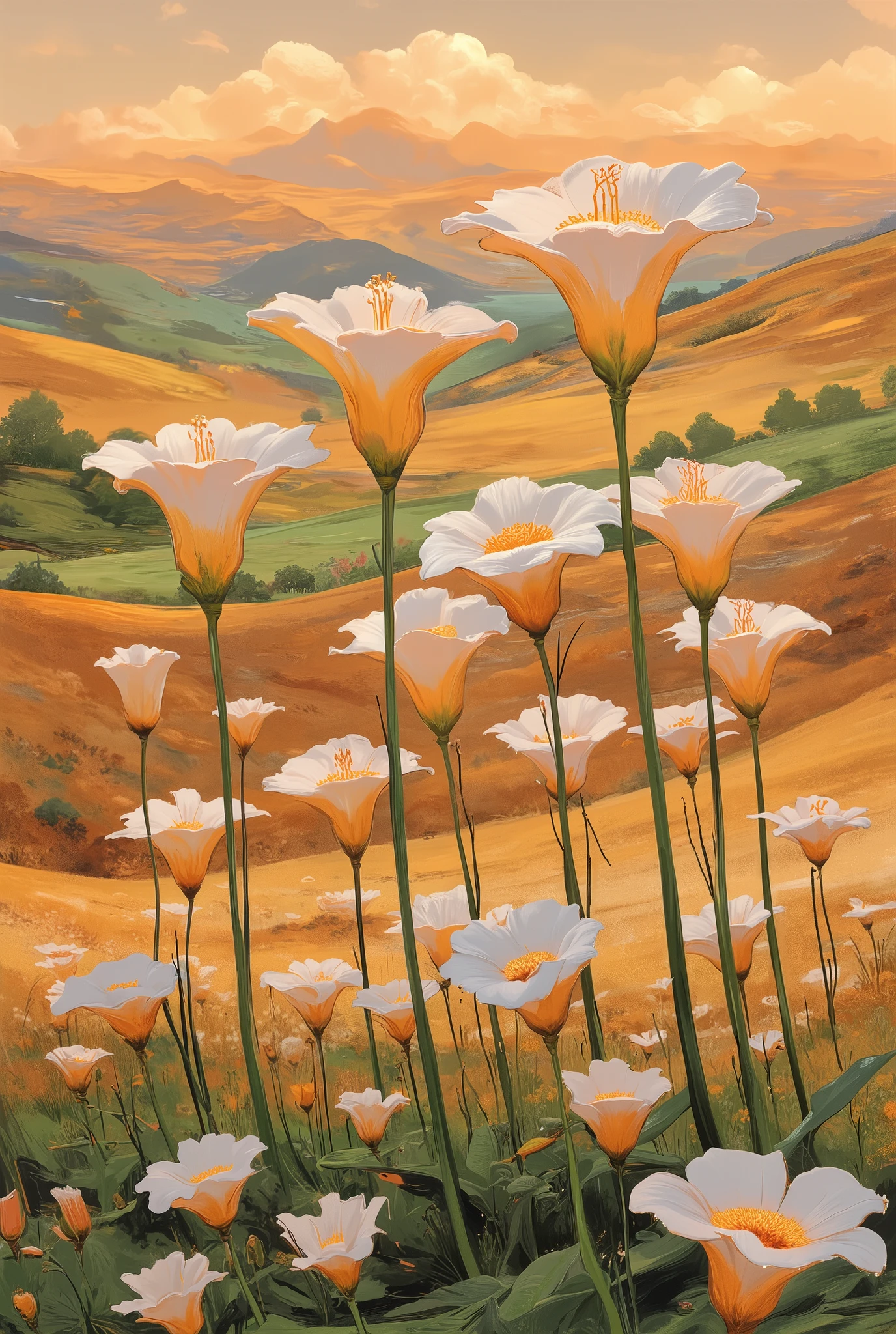 Easter, many trumpet lilies blooming in the field, ultra detailed, absolutely resolution, masterpiece