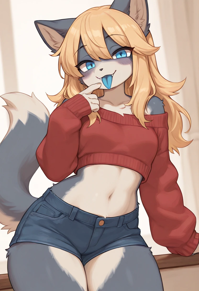 Half-closed eyes, smug smile , 1girl, anthro, furry, fur, fluffy fur, original character, trying to lift her shirt to show you her bra, long hair, one closed eye, baggy pants, torn pants, bedroom background, score_9, score_8_up, score_7_up, score_6_up, score_5_up, score_4_up