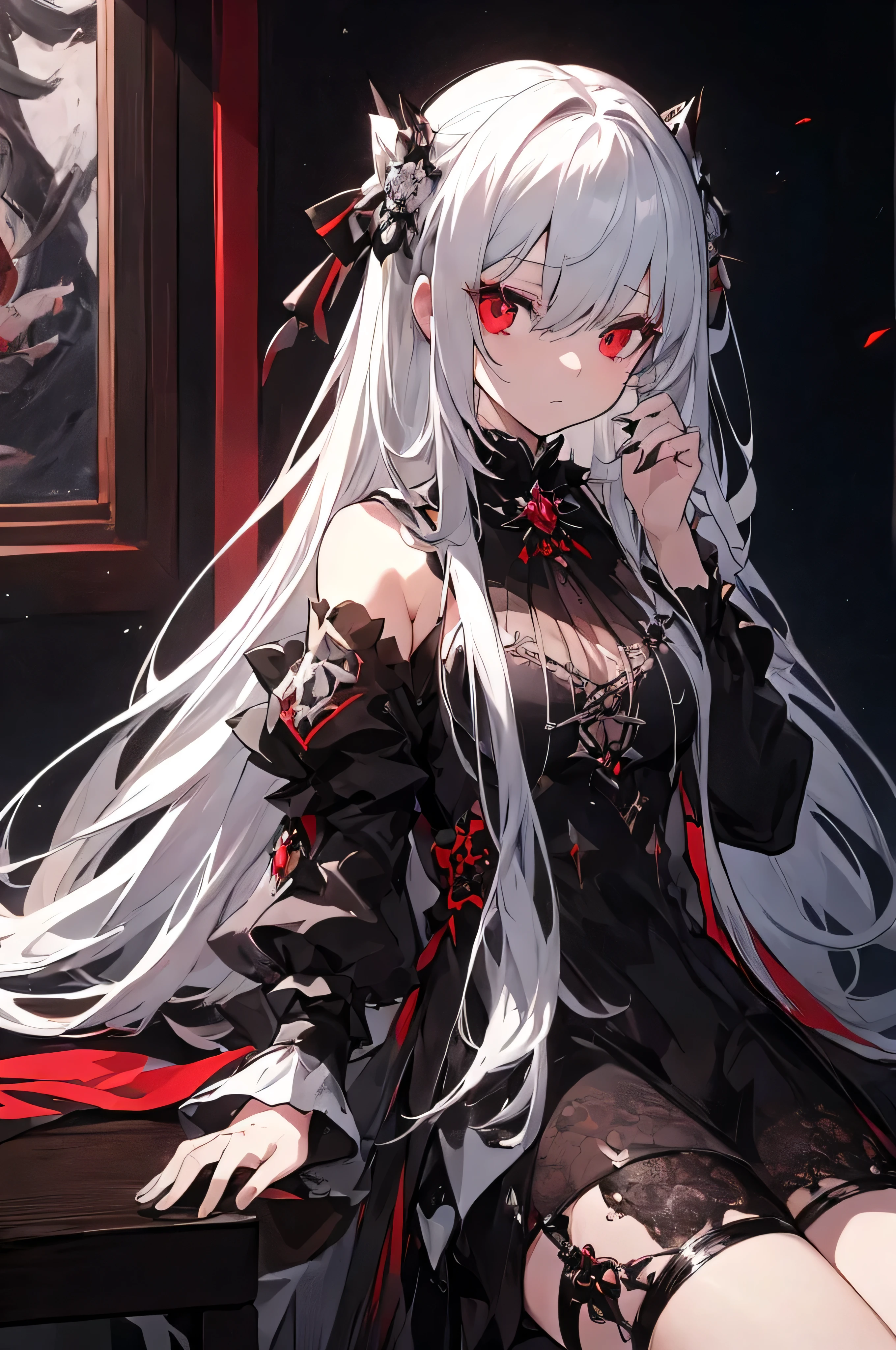 anime girl with long white hair, red eyes and black dress sitting on a table, an anime drawing inspired by Wojciech Weiss, pixiv, gothic art, from girls frontline, anime girl wearing a black dress, girls frontline style, perfect white haired girl, fine details. girls frontline, girl with white hair, best anime 4k konachan wallpaper, white haired