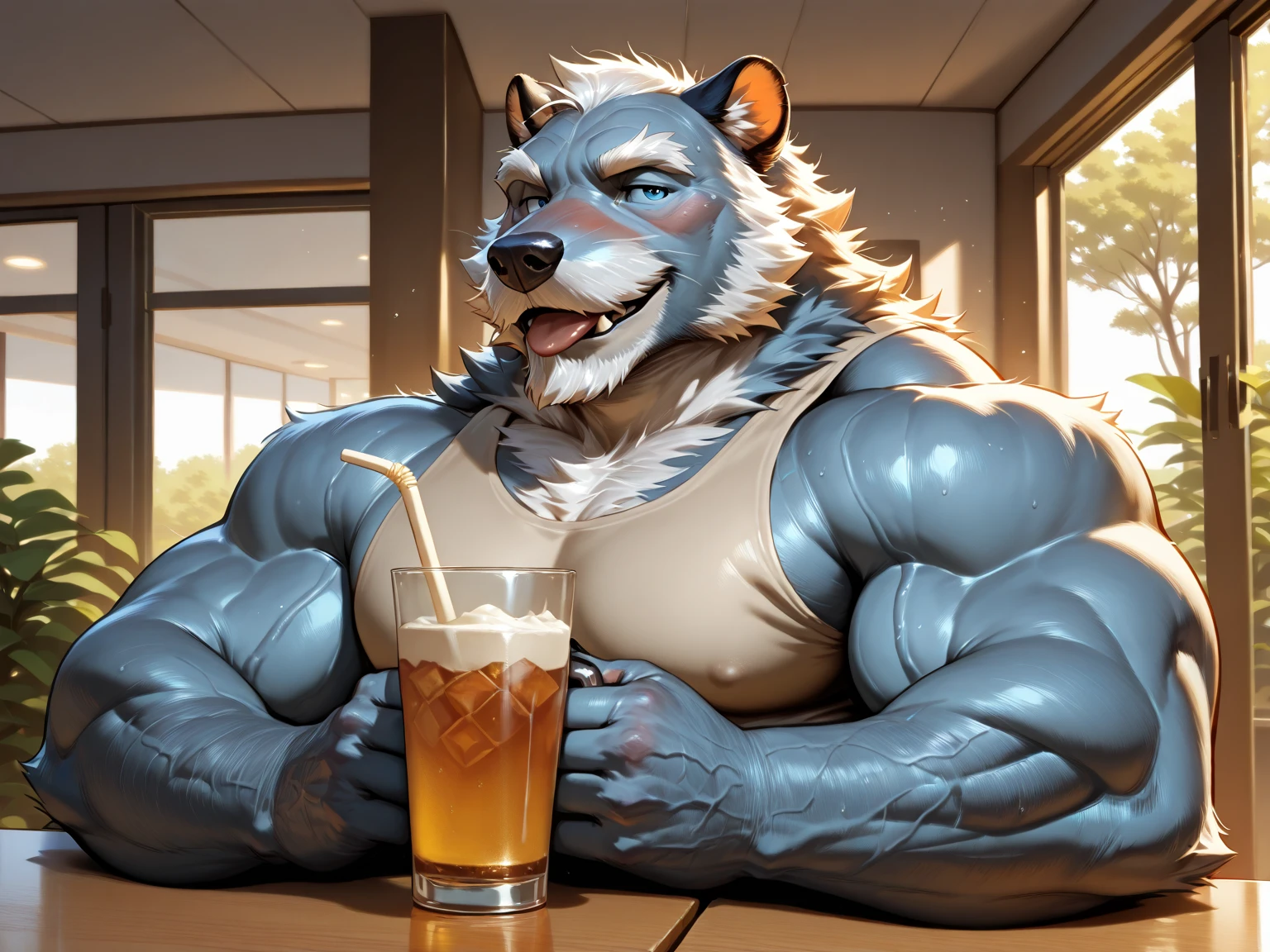 furry, anthro, siberian husky dog:1.5, solo, average male, naked, standing in a kitchen holding a coffee mug looking slyly at the viewer:1.3, super detailed, detailed face, best art, 8k, vibrant, by taran fiddler:1.8, by RedRusker:1.8, art stile, 3D, halfbody,