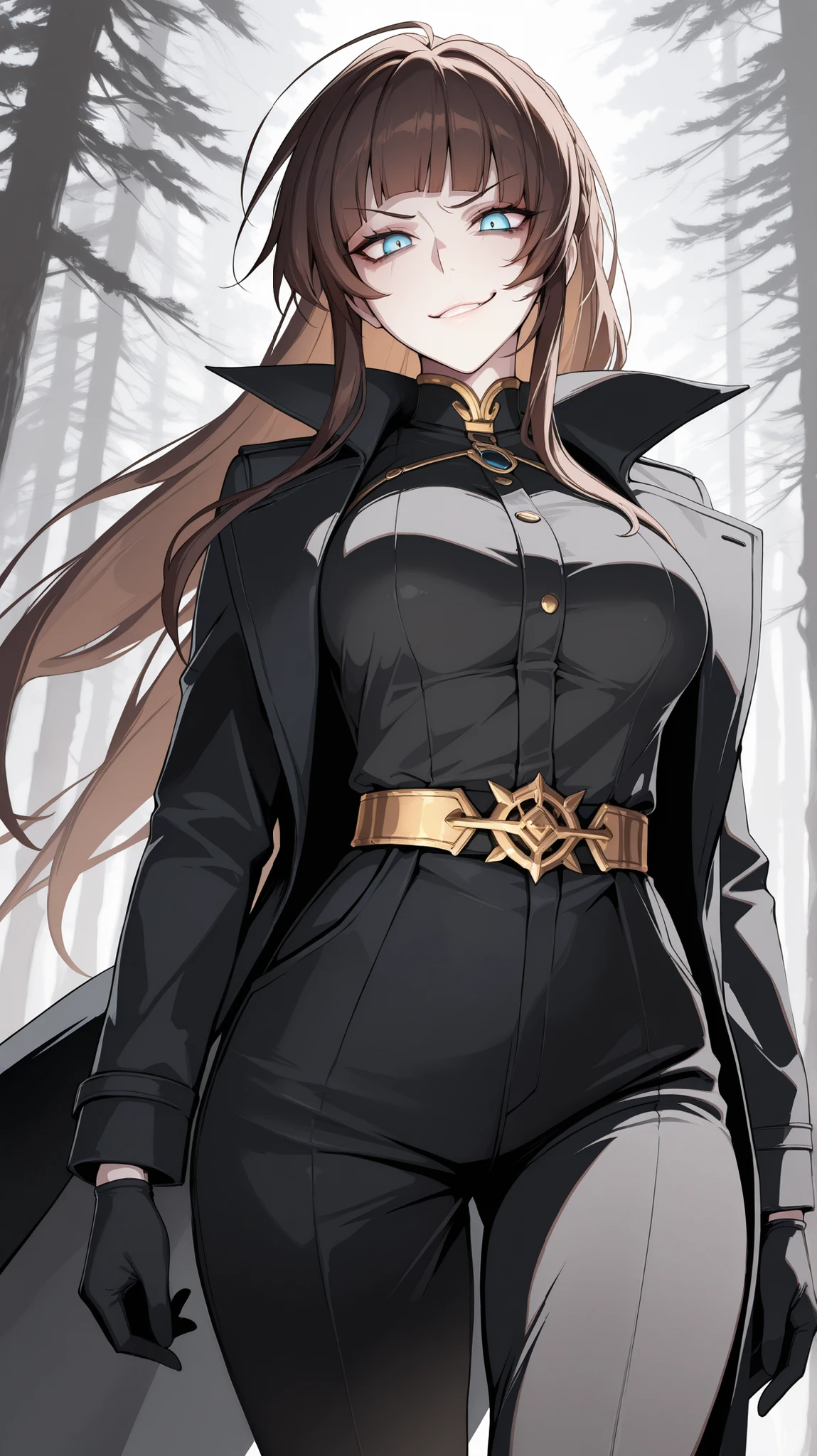 absurdres, (((Ultra HD))), (((Ultra High Quality))), ((hyper detailed)), ((Ultra High Resolution)), (Highly rendered), ((detailed eyes)), (((8K))), ((perfect face)), ((masterpiece)), cinematic, darkened, high contrast, solo, tall, 1girl, dark brown hair, long hair, blunt bangs, smirk, blue eyes, medium breasts, black shirt, gold lining, gold jewelry, empress, black trench coat, black coat, long sleeves, black gloves, black pants, forest background