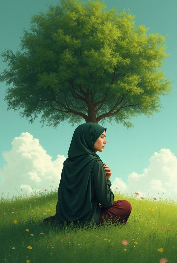 Muslim boy sitting back under tree