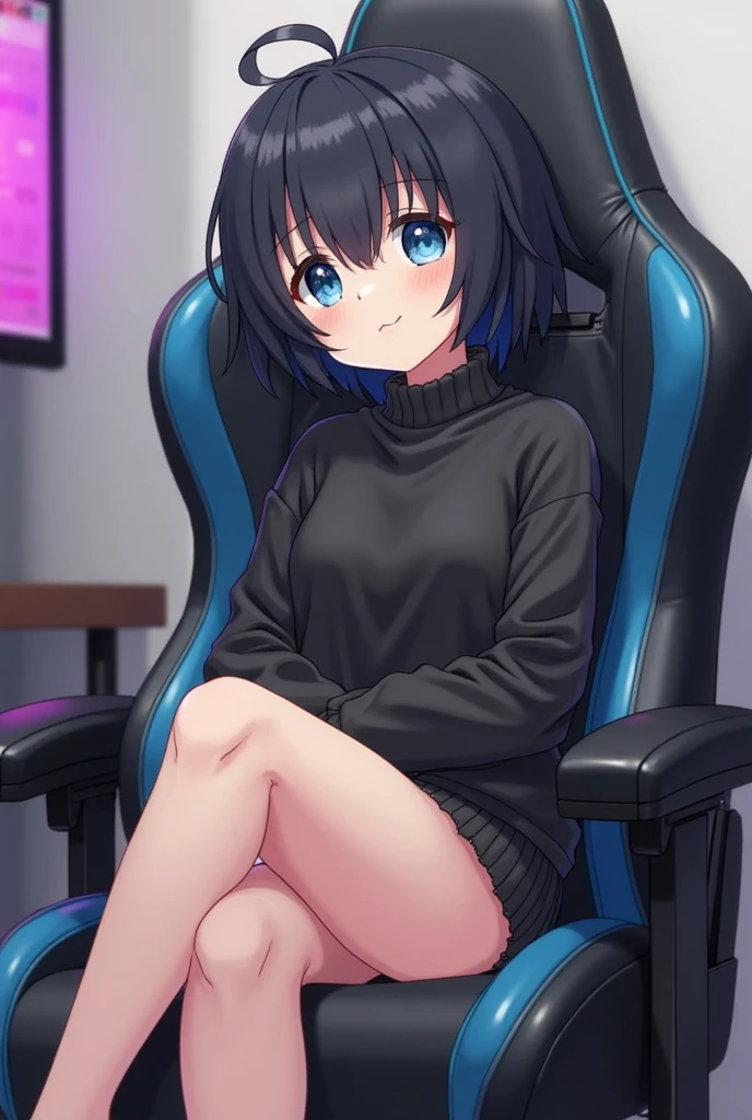 Girl long white hair blue eyes blush on face in PC gaming room Short pleated skirt long stockings cat hoodie great quality 8k very detailed image perfect anatomy full body nsfw