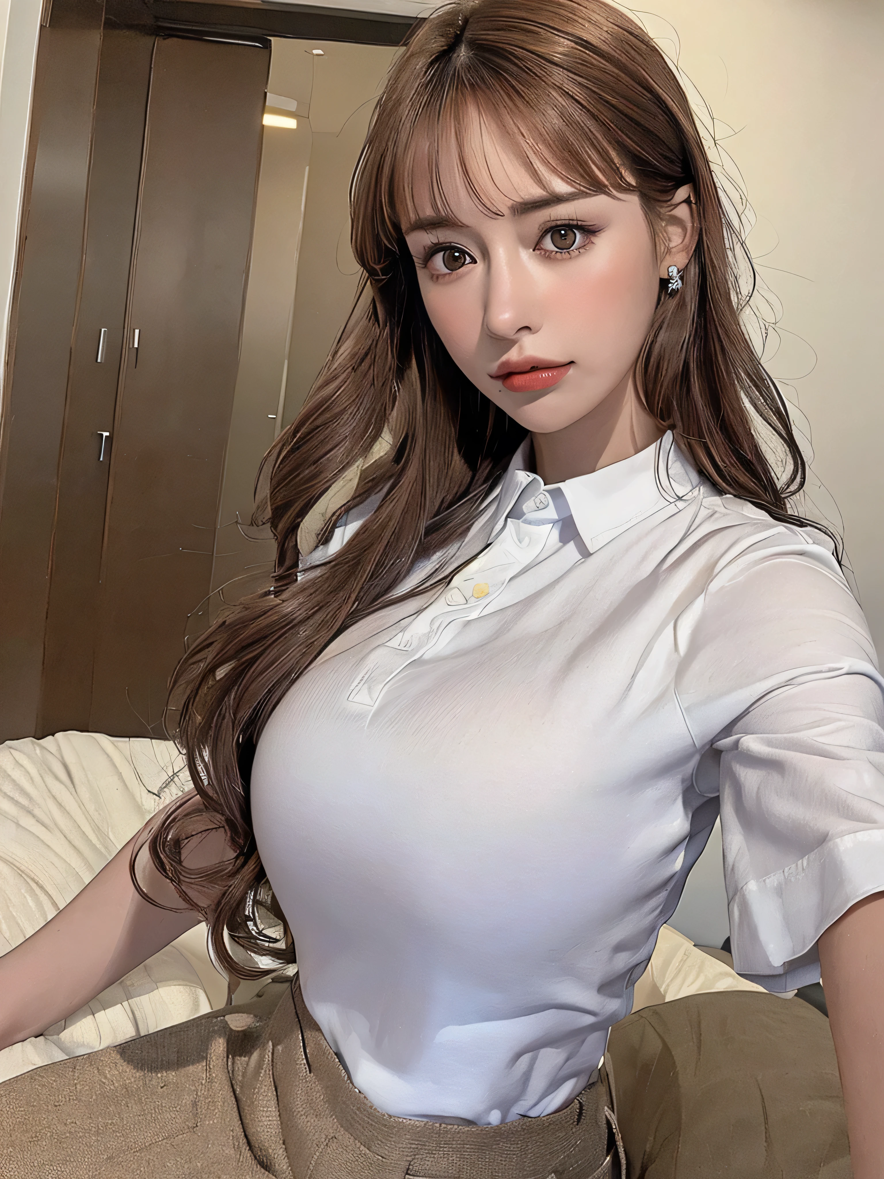 ((highest quality, 8K, masterpiece: 1.3)), sharp: 1.2, perfect body beauty: 1.4, slim abs: 1.2, ((layered hairstyles, big breasts: 1.2)), (Wet White Button Long Shirt: 1.1), (rain, street: 1.2), Wet: 1.5, Highly detailed face and skin texture, fine eyes, double eyelid, profile looking at camera