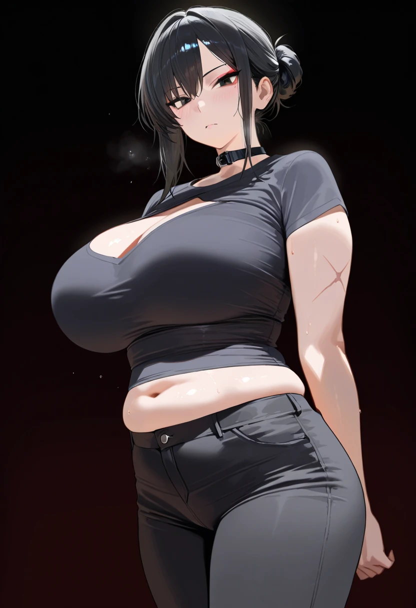 cowboy shot, (ultra-high resolution, depth of field:1.2), 1woman, mature, (black hair), short messy hair, ponytail, (red eyes), white pupils, (bags under eyes:1.3), (shaded face), empty eyes, serious, frowning, large breasts, wide hips, black tank top, denim jeans, arm tattoo, looking at the viewer, indoors