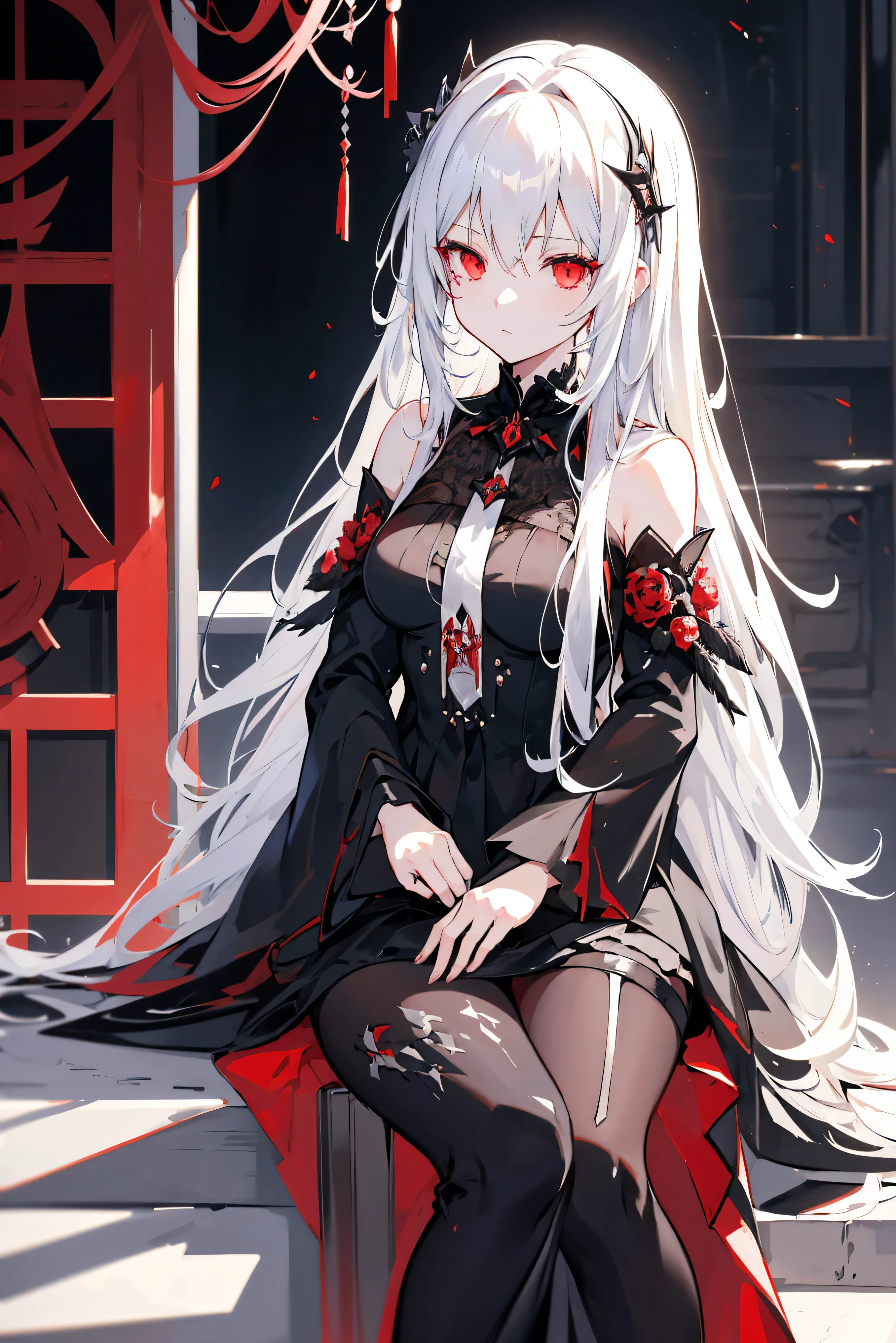 anime girl with long white hair, red eyes and black dress sitting on a table, an anime drawing inspired by Wojciech Weiss, pixiv, gothic art, from girls frontline, anime girl wearing a black dress, girls frontline style, perfect white haired girl, fine details. girls frontline, girl with white hair, best anime 4k konachan wallpaper, white haired