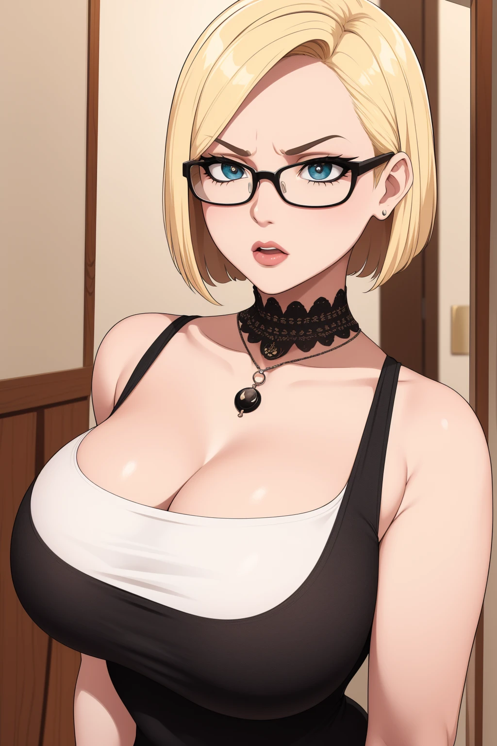 ((best quality)), ((masterpiece)), (detailed), perfect face, milf, blonde blunt bob hairstyle, brown eyes, glasses, rosy red lips, plump, voluptuous body, very big breasts, hairy pussy, black maid lingerie , Wearing luxurious jewelry, straddled pose, sensual smile, background sexroom 
