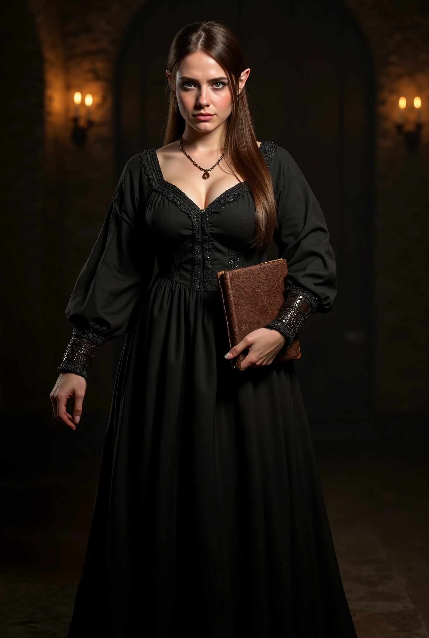 photorrealistic, closer look, beautiful noble halfling prisoner female, little pointy ears, front view, in medieval instance, gorgeous brunette, long black dress, dark medieval dungeon room, holding a leather book, photorealistic, 8k, rpg based, sunlight, european based face details, thick body, big breasts, brunette long hair, facing the camera, sad look