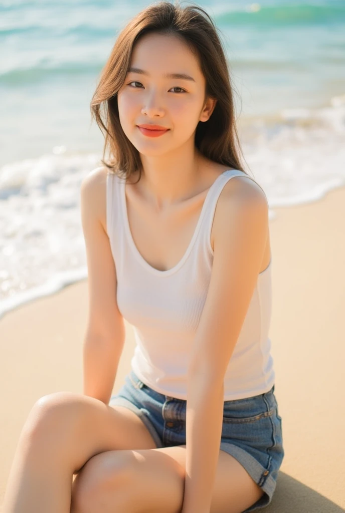 (Official Art、highest quality、Unity 8K Wallpaper、32k、masterpiece、Ultra-detailed、超A high resolution、Realistic、Photorealistic:1.2)、(Natural soft light:1.2)、Fire Glow Effect、Film Grain、Best Shadow、Rim lighting、Side light、Side Shot、(Highly detailed and complex 3D rendering)、詳細なBeautiful Faceと目、Sharp pupils、Realistic生徒、Full Body, Sandy Beach、Beautiful Face、Blurred Background、18 year old beautiful girl、Glowing Skin、Beautiful wet black hair、I pulled up my wet shirt、Wet Check Mini Skirt、(Thighs Thighs Thighs:0.9)、barefoot、curve、Dynamic pose、Open mouth smile、Two Girls、Big body、Fat body、