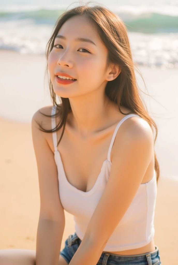 A very cute face like an idol、Looks like a young face、20-year-old female、Gentle and cute、A kind smile、Cleavage、Tank top、Walking on the beach at sunset、Natural light、whole body、RAW Photos、Genuine、live-action、Artistic、Real Stick、High resolution、masterpiece