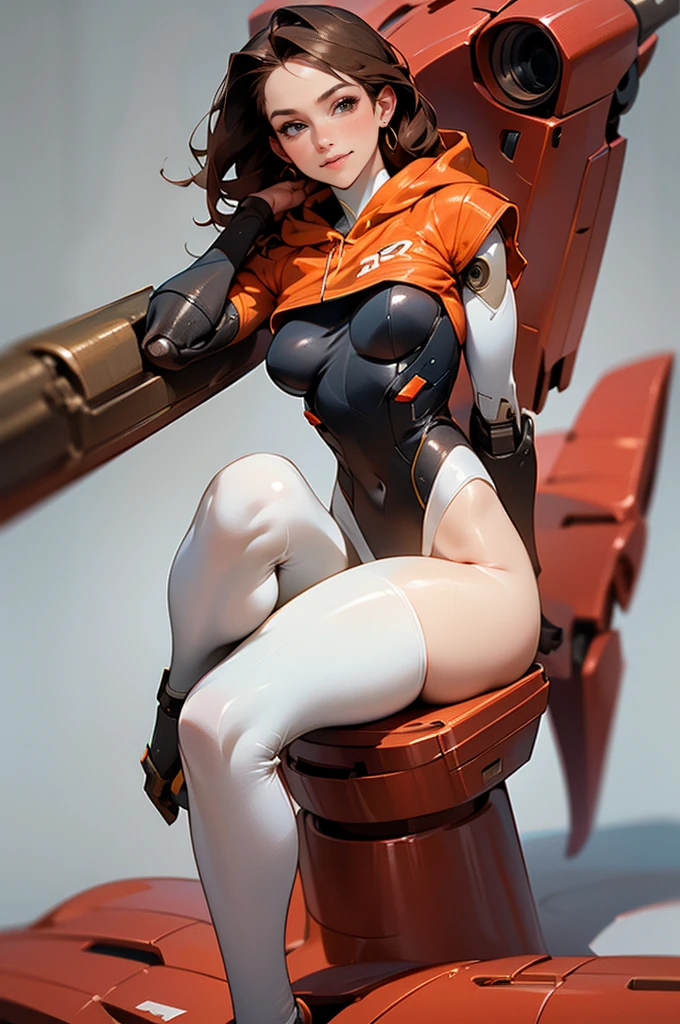 A Female robot exposes her inside mechanical organ. spread legs, nude, banzai pose. she wears no dress. Her Brown very short pigtails is tied with two big red clothespins, masterpiece, mature, android, blue eyes, full body, Height: 160cm, flushed cheeks, Uplifting, No NSFW, whole body, barefoot, archaic smile, orgasm, sweat bucket.  no panties, full body shot, floating hair, looking away. cyborg made from rung to heaven. She leans arching her back hi-res position.