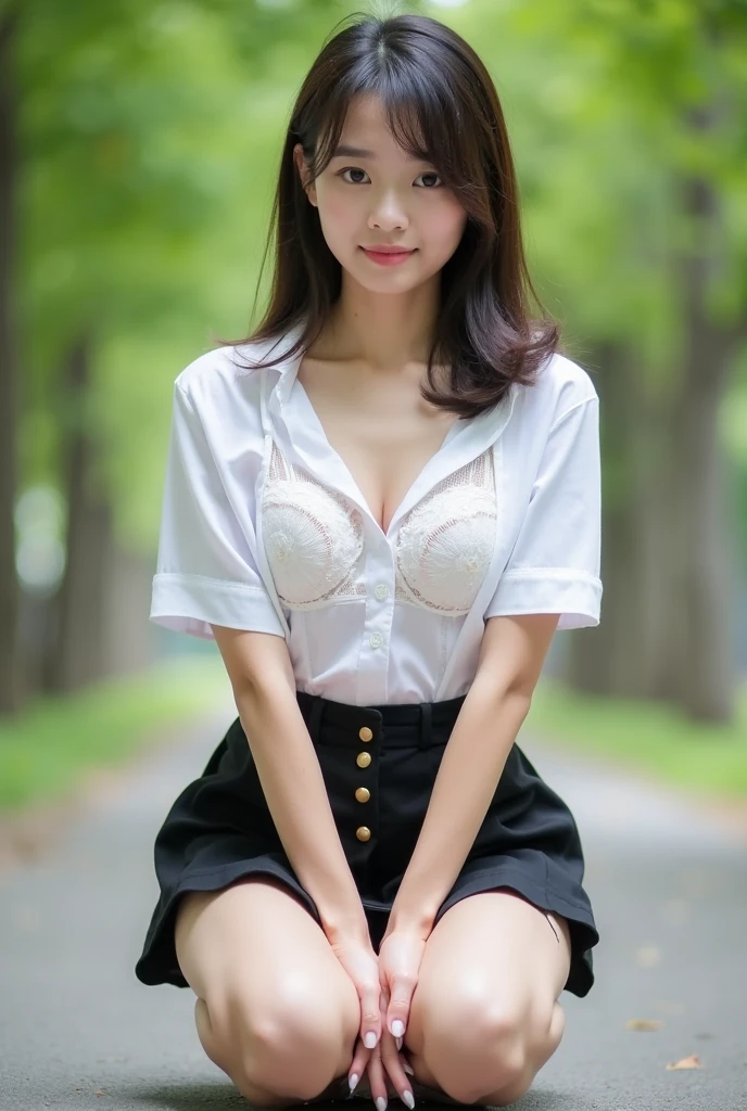 (highest quality、masterpiece、8K、best image quality、hyper realism、Award-winning work)、one high school girl、(The most natural and perfect white polyester long sleeve collared shirt:1.2)、(Pull up your shirt to expose your bra:1.2)、white shining shirt、(panties:1.2)、Standing gracefully、the best smile when you look at me、Blurry park background、Strongly blurred background、very bright、perfectly maintained park、the most natural and perfect park、full body photo、accurate anatomy、emphasize body line、perfect makeup、long eyelashes、bright lipstick、glossy lips、Ultra high definition glossy skin、(Ultra-high definition bright and beautiful skin:1.3)、超高精細のglossy lips、Super high definition beautiful teeth
