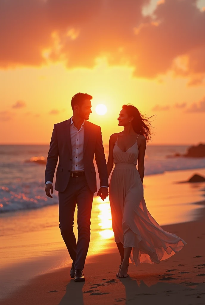 Ultra rael v5 man and woman face view front side woman wear the red dress and man wear up black dress walking on the beach