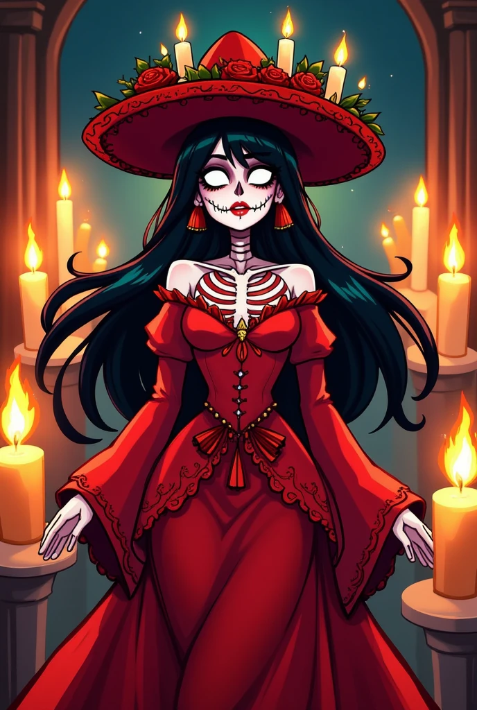 hi res, masterpiece, curvy, a beautiful woman sitting on a gravestone, catrina makeup, long big wavy inky black hair, marigolds, black frilly lacy goth dress, marigold flower crown, graveyard, magical, dreamy, mysterious, starry night sky, melted candles, alphonse mucha, \sugar skull themed\, <lora:CatrinaMakeUp_Concept-10:1>