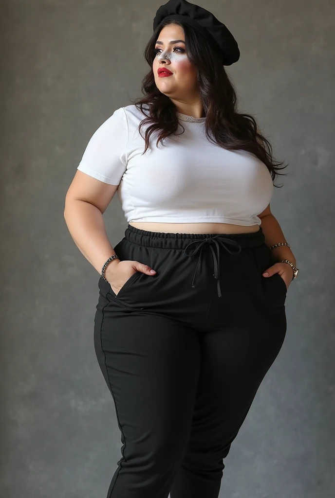 Full body Image captured with a Sony α7 III camera, Asian beautiful woman sexy curvy plus size, eye contact camera view, different style standing position, curvy plus size big hour glass bulky huge figure with wide hips, narrow shoulders, She is wearing a crop top shirt in a pastel pink color, paired with straight cut trousers in grey, standing, She is also wearing tip-toe shoes that match the crop top in pastel pink color. standing straight facing the camera, in a product photography style, against a grey background, with high resolution.
