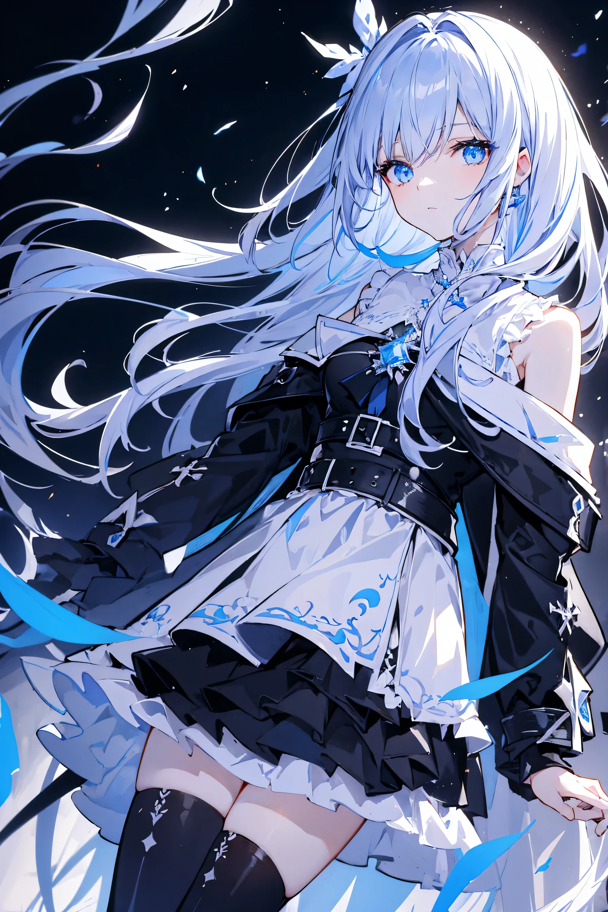 Fille animé au cheveux longs blanc et au yeux bleu portant un haut noir,par dessous un manteau noir avec une jupe noire court tenant une épée enflammé