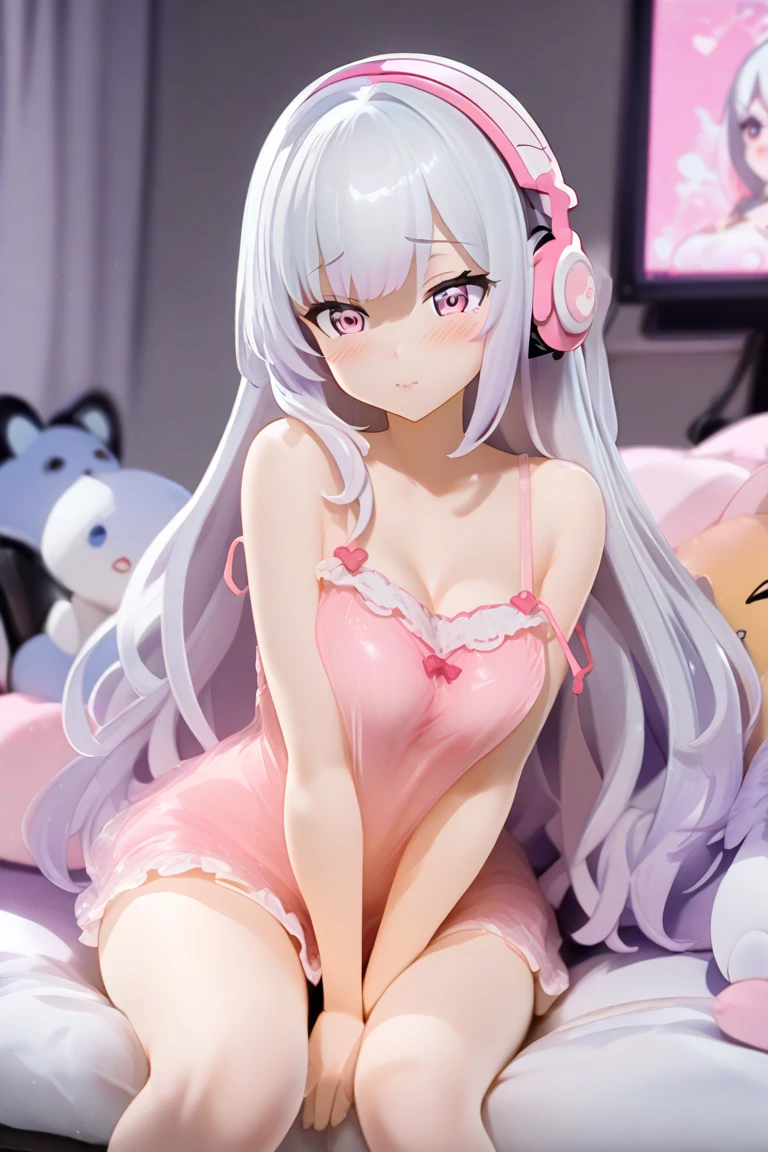 Silver hair, pink eyes, body, cat ears, sexy girl, earrings, background fantasy,green pink uniform, hair bows, sit down, happy face