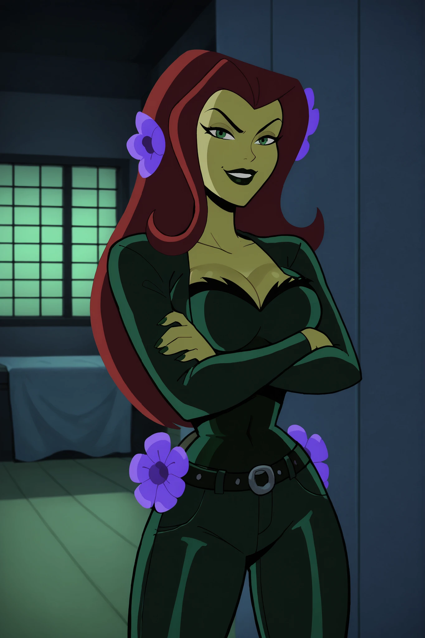 2d, score_9, score_8_up, score_7_up, score_6_up, flower, BREAK
1girl, solo, standing, hands on waist, red hair, PIVYbatb, green skin, cleavage, curvy, athletic, makeup, smile, large breasts, long hair, black lips, hair ornament, happy expression, looking at viewer, bright green crop top, bright green jeans, bright green leather jacket, long sleeves, indoors, bedroom, arms crossed, crossed arms
