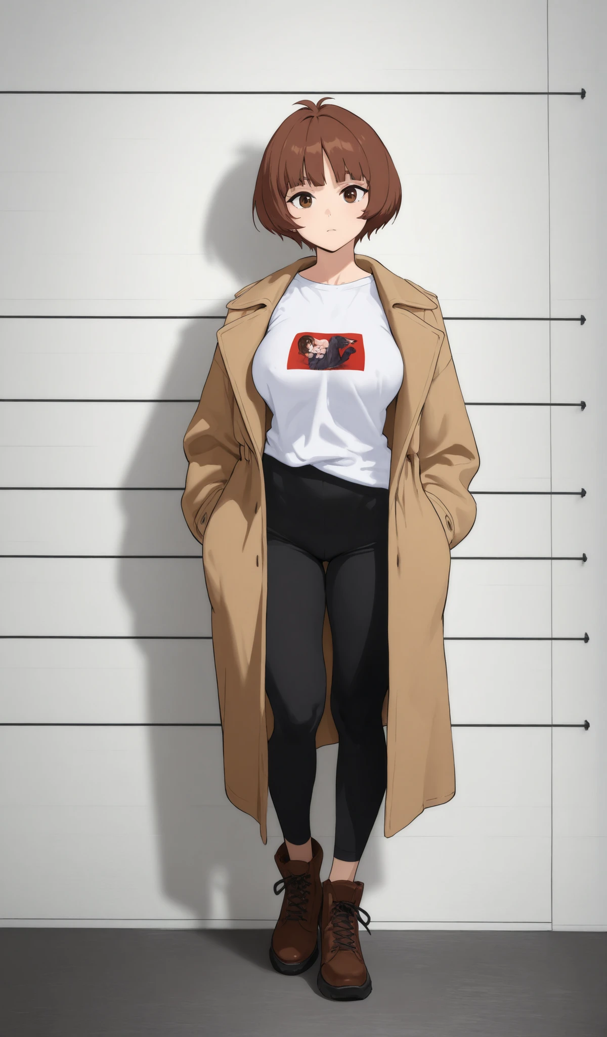T-shirt, coat, (best quality:1.0), (ultra highres:1.0), 8k, RAW photo, (masterpiece:0.2), , zydG, 1girl, detailed skin, looking at viewer, brown eyes, full body, thicc coxas, (short hair with bangs:1.2), (medium large breasts:1.0), (large areolae:0.8), , (pureerosface_v1:0.5), sorrindo de forma safada