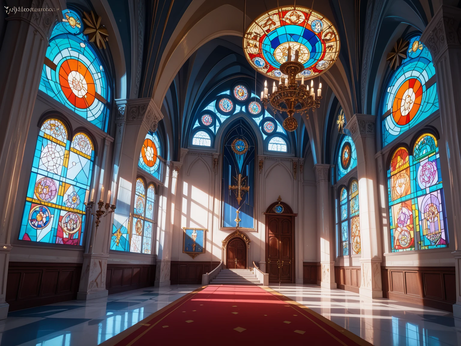 ((best quality)), ((masterpiece)), (detailed), A cathedral made of painted, cracking eggs, thick impasto brushwork, yolk dripping down stained glass windows, surreal priestly rabbits chanting in paint waves. Soft ambient glow from inside the egg walls, warm golden reflections, interior glow