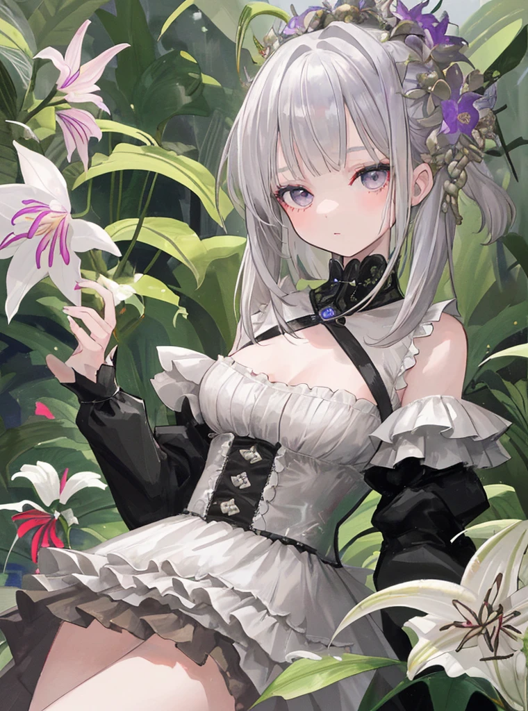 ((extreme detail)),(ultra-detailed),(painting), chiaroscuro, extremely detailed CG unity 8k wallpaper, <lora:OSGwen1-000004:0.7>gwendolyn, hip feathers, holding polearm, strapless dress, crown, detached sleeves, choker, armored thigh boots, feather hair buns, facing forward, looking at viewer, white background, bug, butterfly, grass, hydrangea, leaf, mushroom, nature, plant, apple, looking away, looking up, from above,