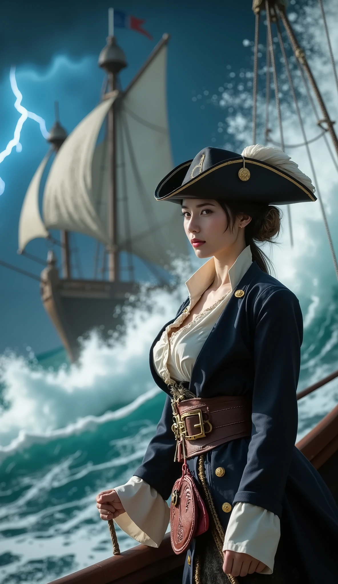 (Highest quality, High resolution, Masterpiece:1.4), 8k, adventure voyage, pirates of the Caribbean, female captain, fleet of pirates sailing through a storm