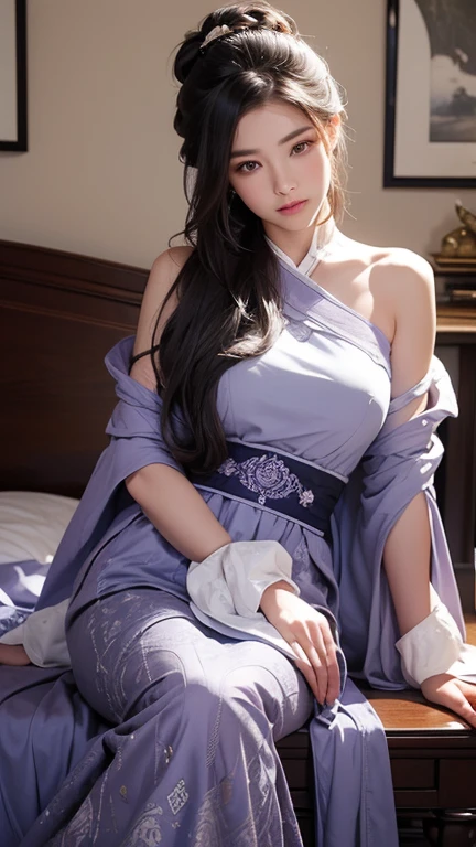 absurdres, RAW photo, extremely delicate and beautiful, masterpiece, Best Quality, ultra high resolution, 32k, hyperrealistic, ultra-detailed, perfect anatomy, super Detailed skin, perfect figure, Super Beauty, Perfect Style, Perfect balance, 20 years old, very small head, very small face, delicate facial features, detailed face, detailed eyes, tearful mole, earring, (very huge round breasts), legs, medium hair, whole body shot, (Hanfu), indoor,