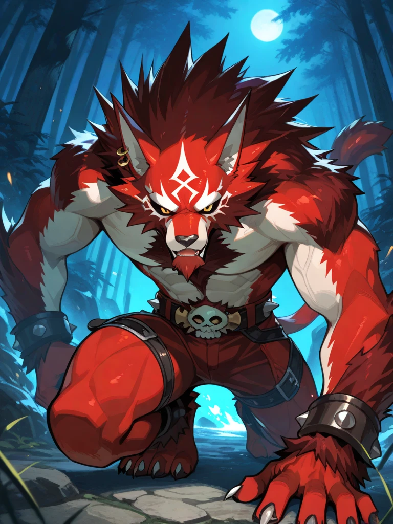 score_9,score_8_up,score_7_up, young, solo, king_clawthorne, skull head, (broken horn:1.1), yellow sclera, red eyes, claws, black body, black fur, countershading, furry, standing, looking up, full-length portrait, extreme detail, masterpiece, toe claws, tail, wolf tail, chibi,