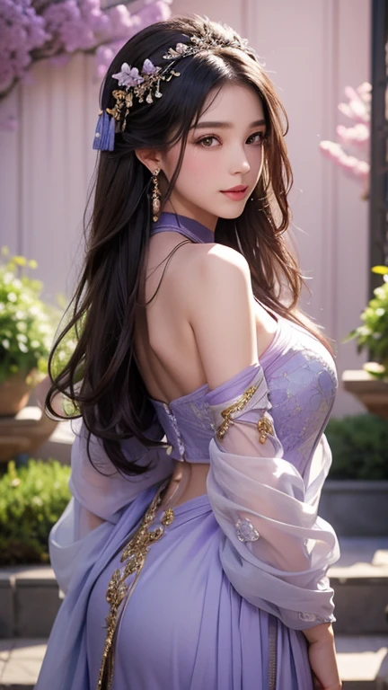 1 beautiful girl in Han costume, Thin purple silk shirt,white colors,The texture is diverse, white lace top, long platinum purple ponytail, hair adornments, ear jewelry, necklace and necklace, meticulously drawn large purple eyes, meticulous makeup, Thin eyebrows, High nose, lovely red lips, Without smiling, pursed lips, rosycheeks, Wide breasts, Big breasts , well-proportioned bust, Slim waist, purple mesh socks, chinese hanfu style, fictitious art textures, vivid and realistic colors, RAW photos, Realistic photos, ultra high quality 8k surreal photos, (effective fantasy light effect: 1.8), 10x pixel, Magical effect (Background): 1.8), hyper detail eyes, girl body portrait, ancient hanfu background,