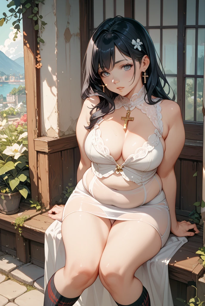 Silvery curly hair、hime-cut、Girl with golden eyes、View of the crotch from below、flat chest、Thin pubic hair、Beautiful open legs、Orange waitress clothing