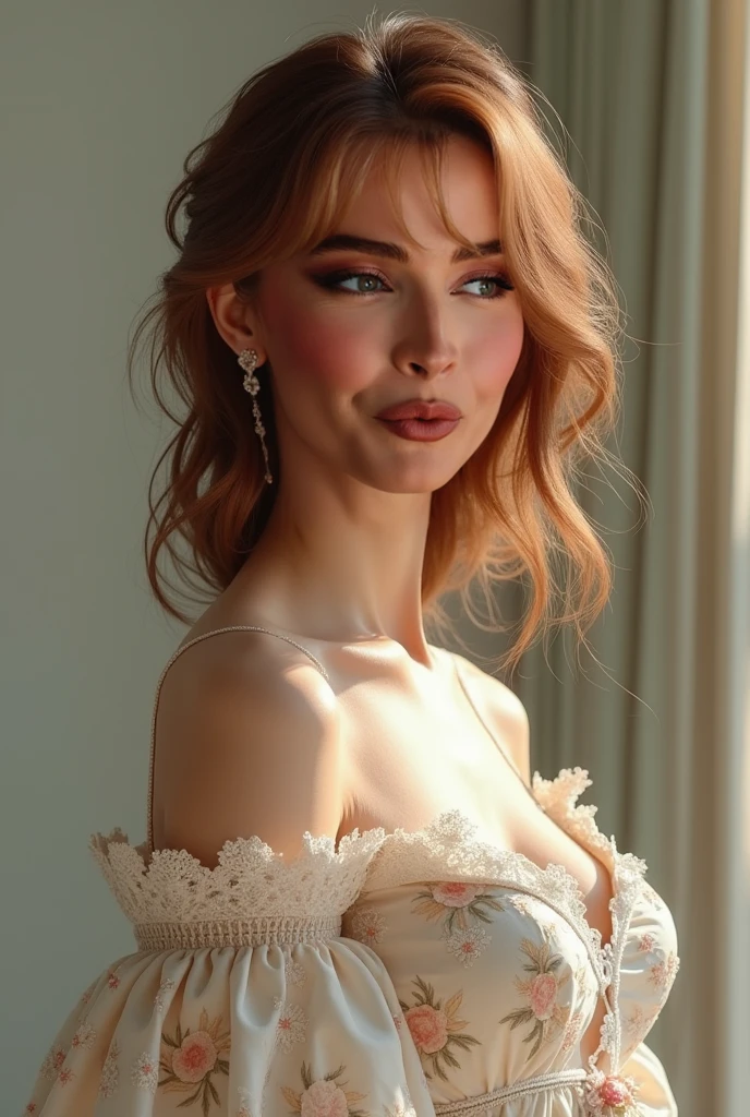 Realistic full body photo of a smiling redhead woman with her hair up, She dances in front of the camera in a long A-line wedding dress with straps made of shiny satin., Park,glamour fotoshooting, Wedding celebration, perfect ???????, perfect green eyes. Perfect hands with 5 fingers on each hand, Matching girl, looking at the camera, 1 Frau. (Eye make up:1.1), (highly detailed skin:1.1), spirit, analog style, keen focus, 8K  UHD, dslr, good quality, Fujifilm XT3, Grain, Award-winning, ​masterpiece. Wedding celebration