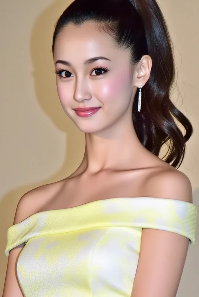 Girl Age 14 ,Age 14 ,European nationality , Celebrity red carpet event,black hair,half body,Deep V-neck white dress,random girl, 4K, gray eyes, white skin, Spotlight shining on the face, small breasts,