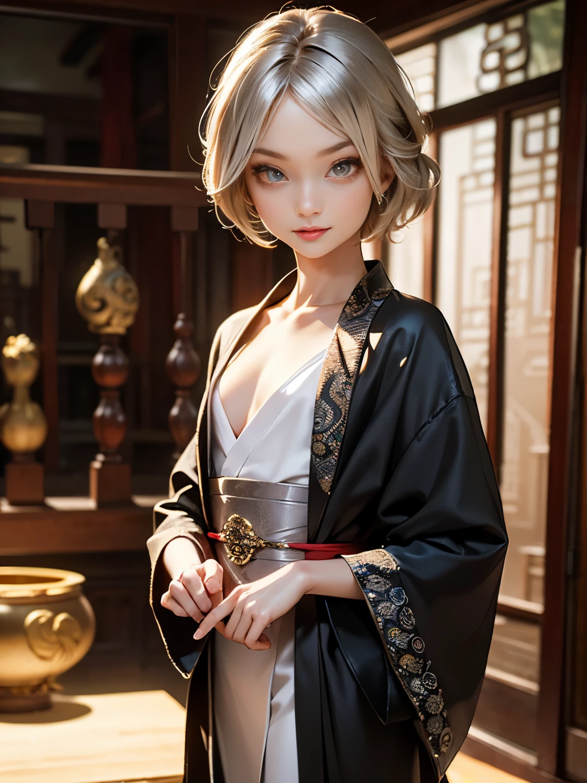 Surrealism, retina, masterpiece, accurate, anatomically correct, super detail, best quality, 8k, extremely precise in every detail, beautiful detailed glow, beautiful attention to detail, beautiful detailed eyes, One Chinese Girl in a long black Kimono-dress is standing in a ancient Chinese palace, long brown single braid, (glowing silver Crystal eyes), (flat chest like a boy), (anatomically correct fingers, anatomically correct hands), young slender girl, smiling broadly